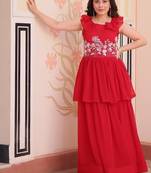 Red designer faux blooming embroidered gown with bead work & canvas patta