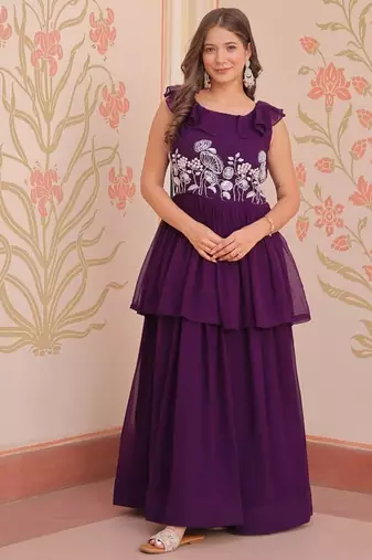 Purple designer faux blooming embroidered gown with bead work & canvas patta