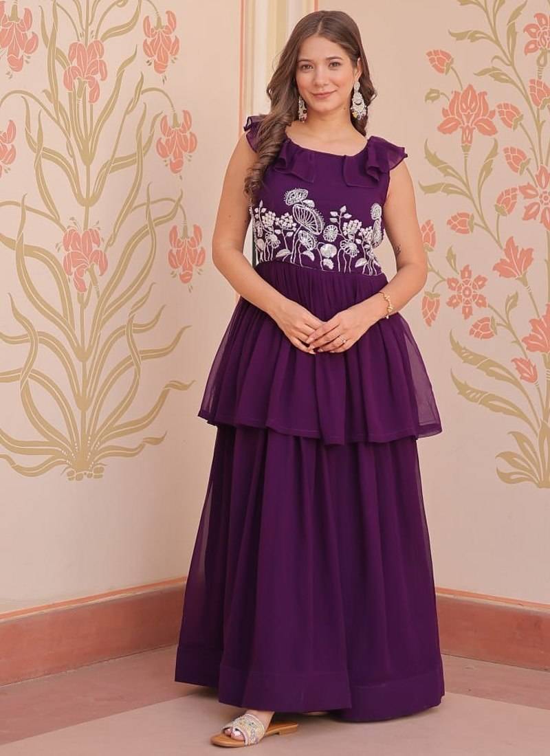 Purple designer faux blooming embroidered gown with bead work & canvas patta