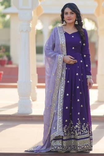 Purple star georgette embroidered gown with fancy neck & designer fendi dupatta
