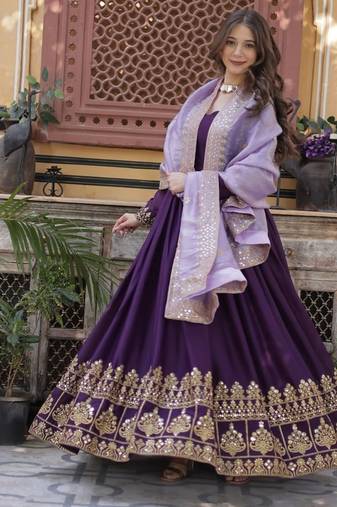 Purple star georgette embroidered gown with gold crush dupatta
