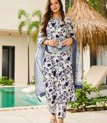 Navy Blue Silk Blend Printed Work Straight Kurta Pant and Dupatta Set