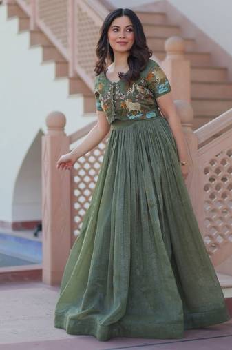 Green crunchy silk thread embroidered koti anarkali gown festive wear