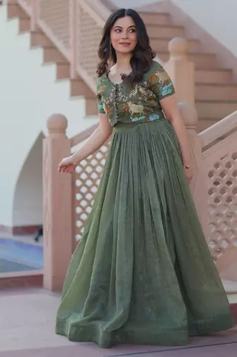 Green crunchy silk thread embroidered koti anarkali gown festive wear