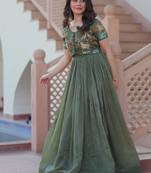 Green crunchy silk thread embroidered koti anarkali gown festive wear