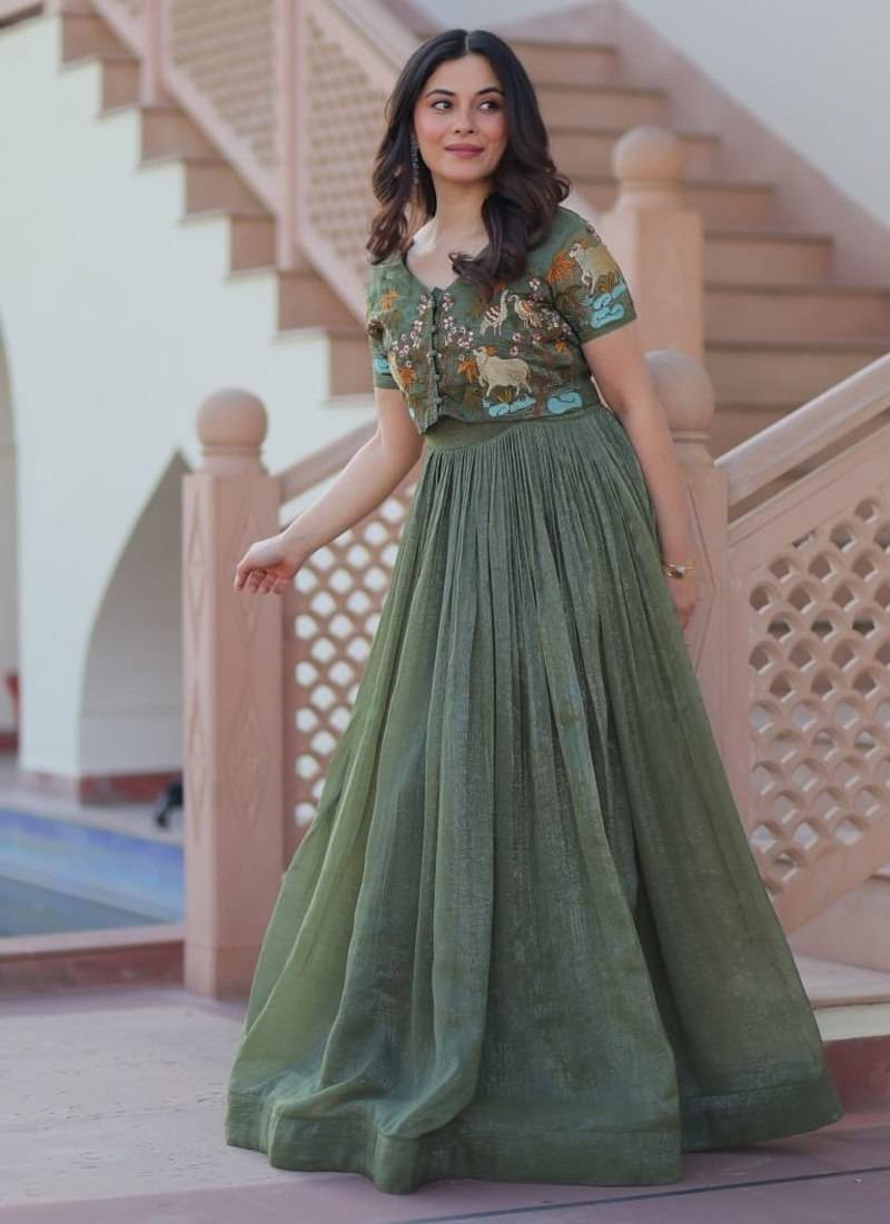 Green crunchy silk thread embroidered koti anarkali gown festive wear