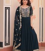 Teal faux blooming embroidered gown set with designer dupatta