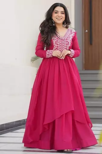 Pink star georgette beads and sequins embroidered work gown