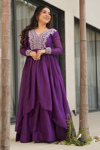 Purple star georgette beads and sequins embroidered work gown