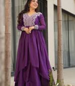 Purple star georgette beads and sequins embroidered work gown