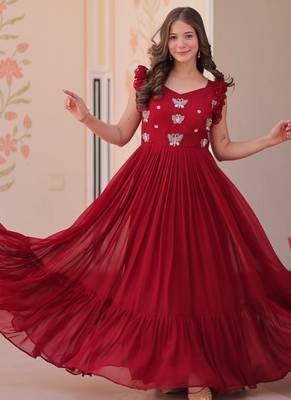 Red faux blooming embroidered work gown 1