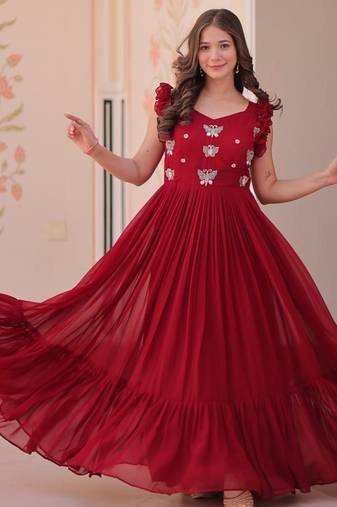 Red faux blooming embroidered work gown