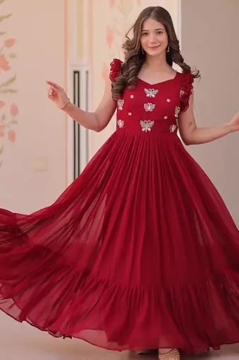 Red faux blooming embroidered work gown