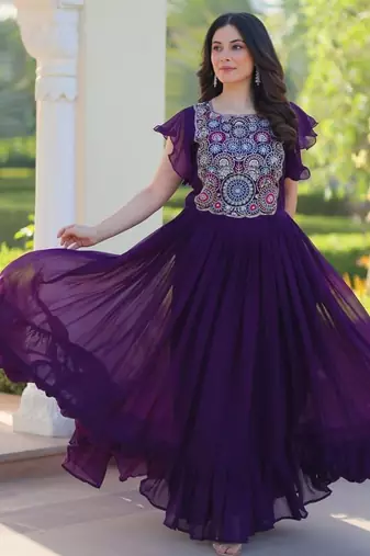 Blue georgette multithread beads and sequins embroidery gown