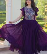 Blue georgette multithread beads and sequins embroidery gown