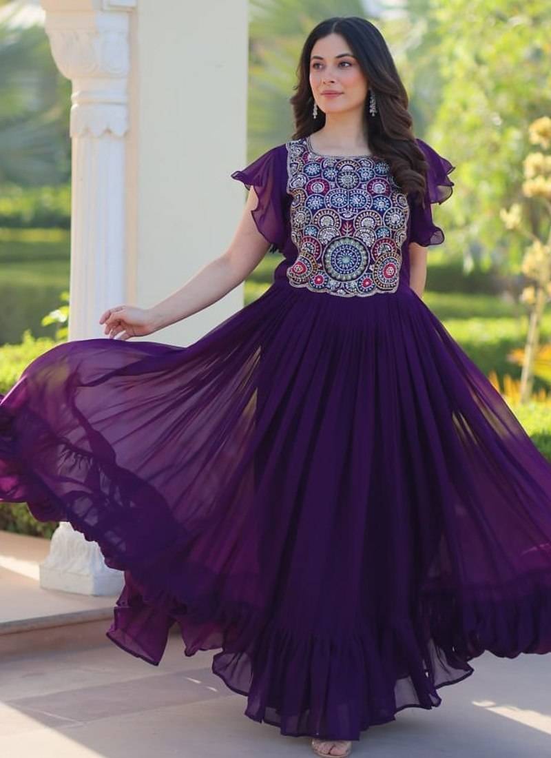 Blue georgette multithread beads and sequins embroidery gown