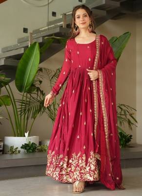 Maroon chinnon sequence embroidered gown 1