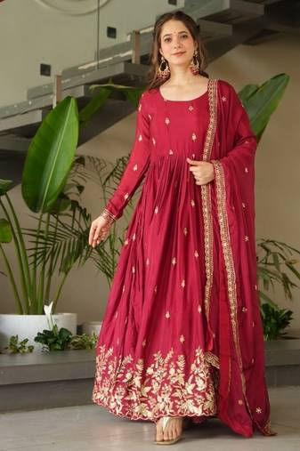 Maroon chinnon sequence embroidered gown