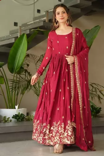 Maroon chinnon sequence embroidered gown