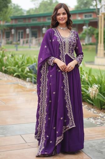 Purple faux blooming gown with sequins-multi embroidery