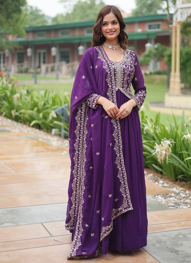 Purple faux blooming gown with sequins-multi embroidery