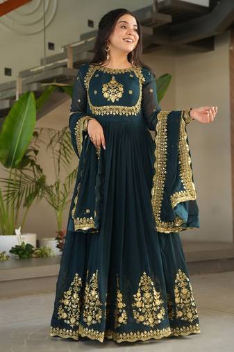 Teal luxury designer faux blooming georgette gown with zari & sequin embroidery