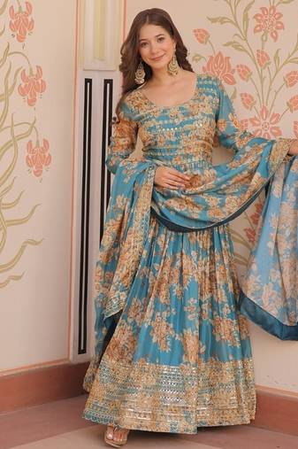 Blue russian silk floral digital print with embroidered sequins anarkali suit festive wear