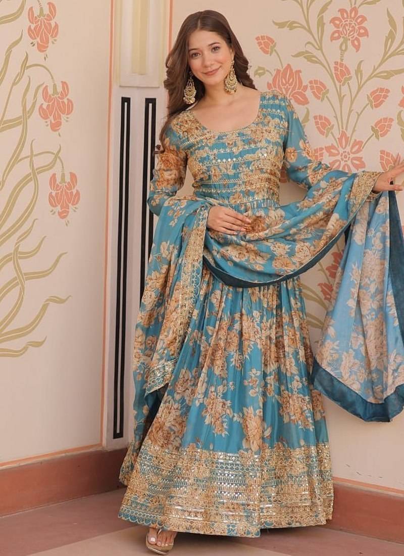 Blue russian silk floral digital print with embroidered sequins anarkali suit festive wear