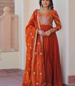 Orange embroidered chiffon anarkali set with dupatta