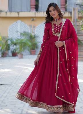 Pink sequin embroidered georgette anarkali set 1