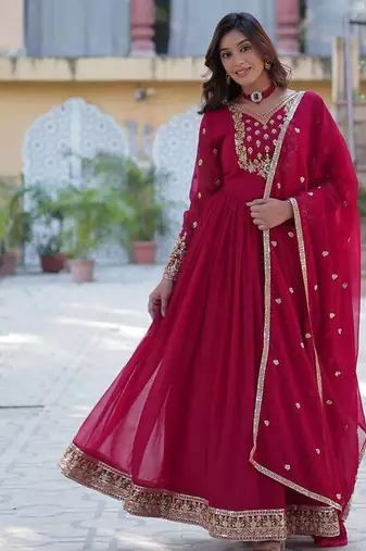 Pink sequin embroidered georgette anarkali set