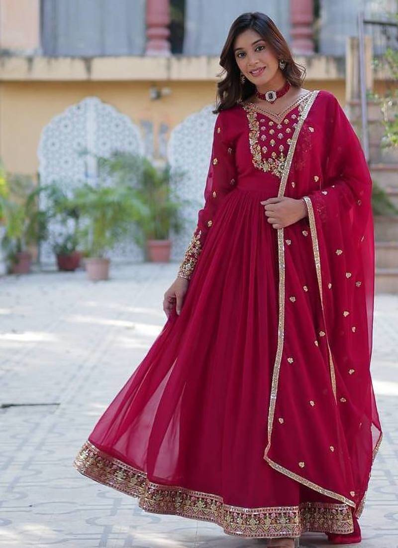 Pink sequin embroidered georgette anarkali set