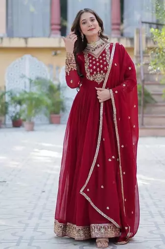 Maroon sequin embroidered georgette anarkali set