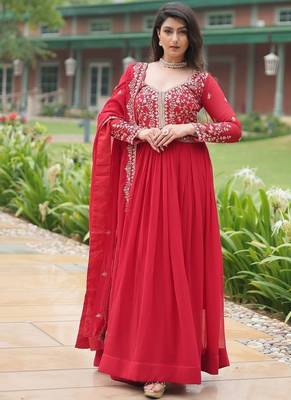 Red faux blooming gown with sequins-multi embroidery 1