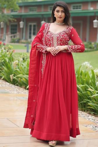 Red faux blooming gown with sequins-multi embroidery