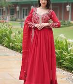 Red faux blooming gown with sequins-multi embroidery