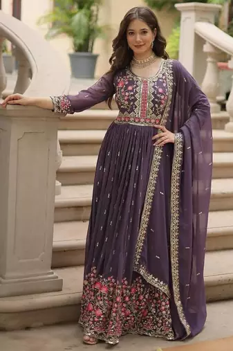 Purple faux georgette embroidered sequins anarkali suit festive wear