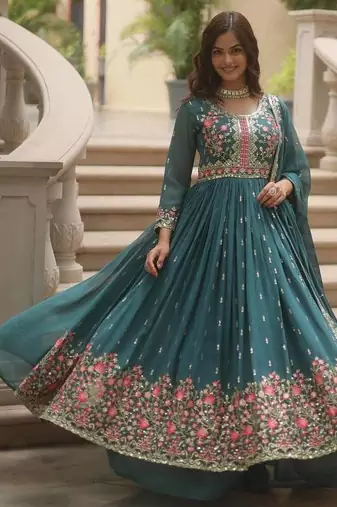 Teal faux georgette embroidered sequins anarkali suit festive wear
