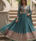 Teal faux georgette embroidered sequins anarkali suit festive wear