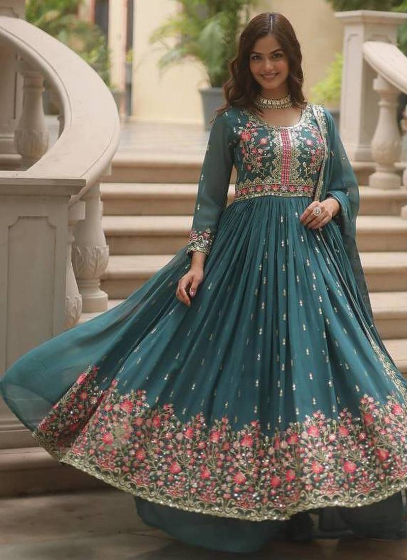 Teal faux georgette embroidered sequins anarkali suit festive wear