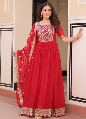 Red faux blooming embroidered gown set with designer dupatta 1