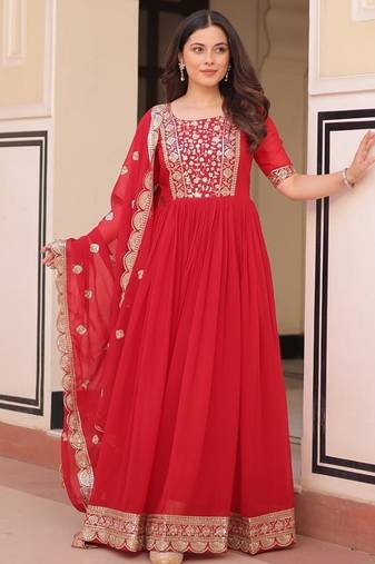 Red faux blooming embroidered gown set with designer dupatta