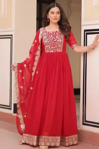 Red faux blooming embroidered gown set with designer dupatta