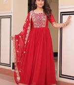 Red faux blooming embroidered gown set with designer dupatta
