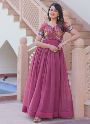 Pink crunchy silk thread embroidered koti anarkali gown festive wear 1