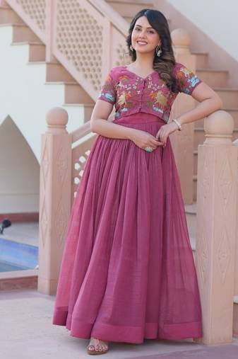 Pink crunchy silk thread embroidered koti anarkali gown festive wear