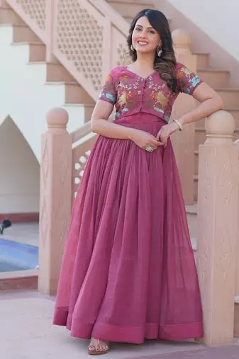 Pink crunchy silk thread embroidered koti anarkali gown festive wear