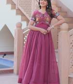 Pink crunchy silk thread embroidered koti anarkali gown festive wear