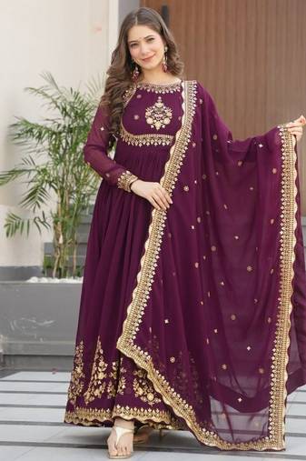 Wine luxury designer faux blooming georgette gown with zari & sequin embroidery