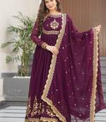 Wine luxury designer faux blooming georgette gown with zari & sequin embroidery